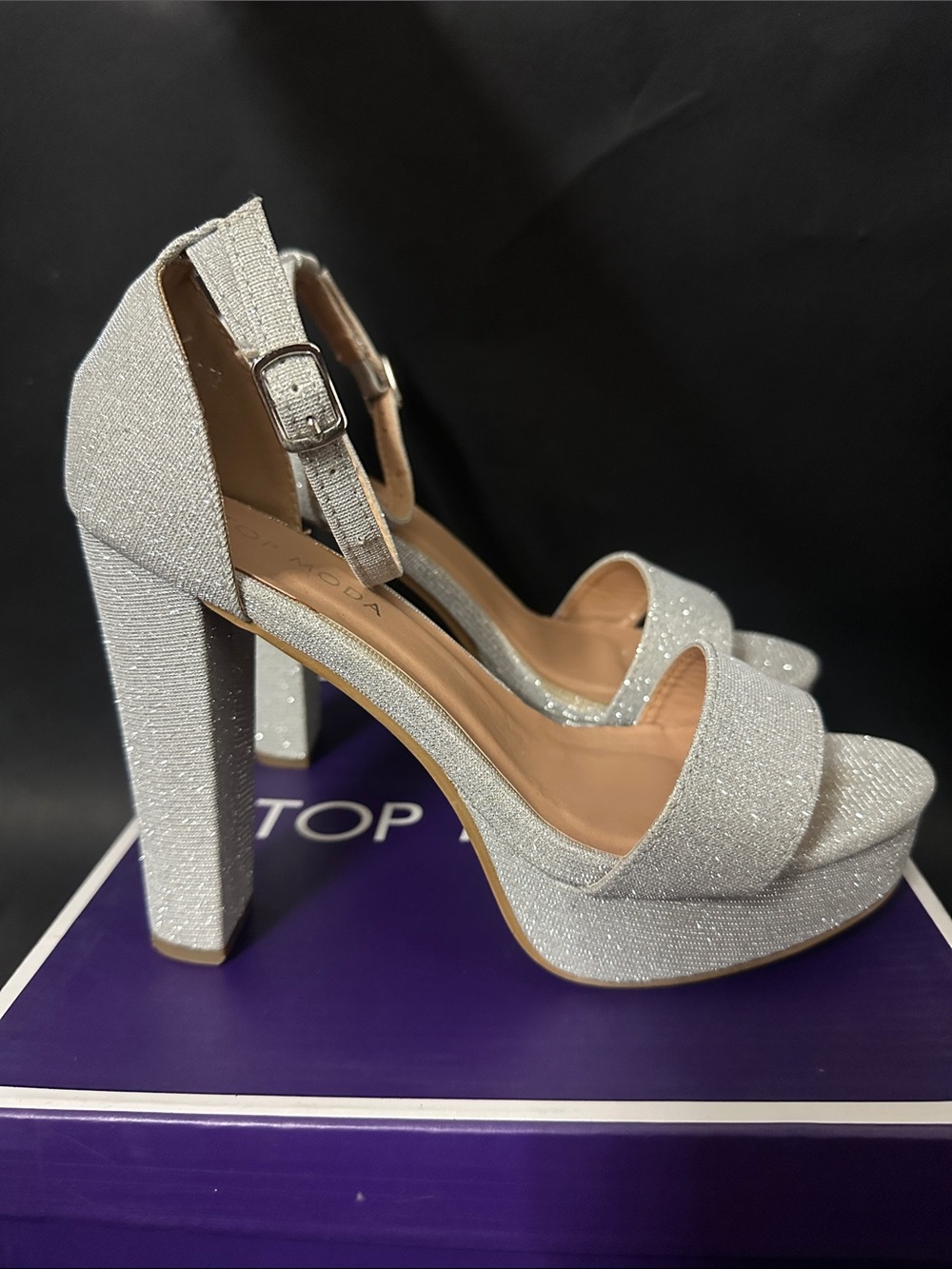 TOP MODA Women's Silver Glitter Platform Ankle-Strap Heels
